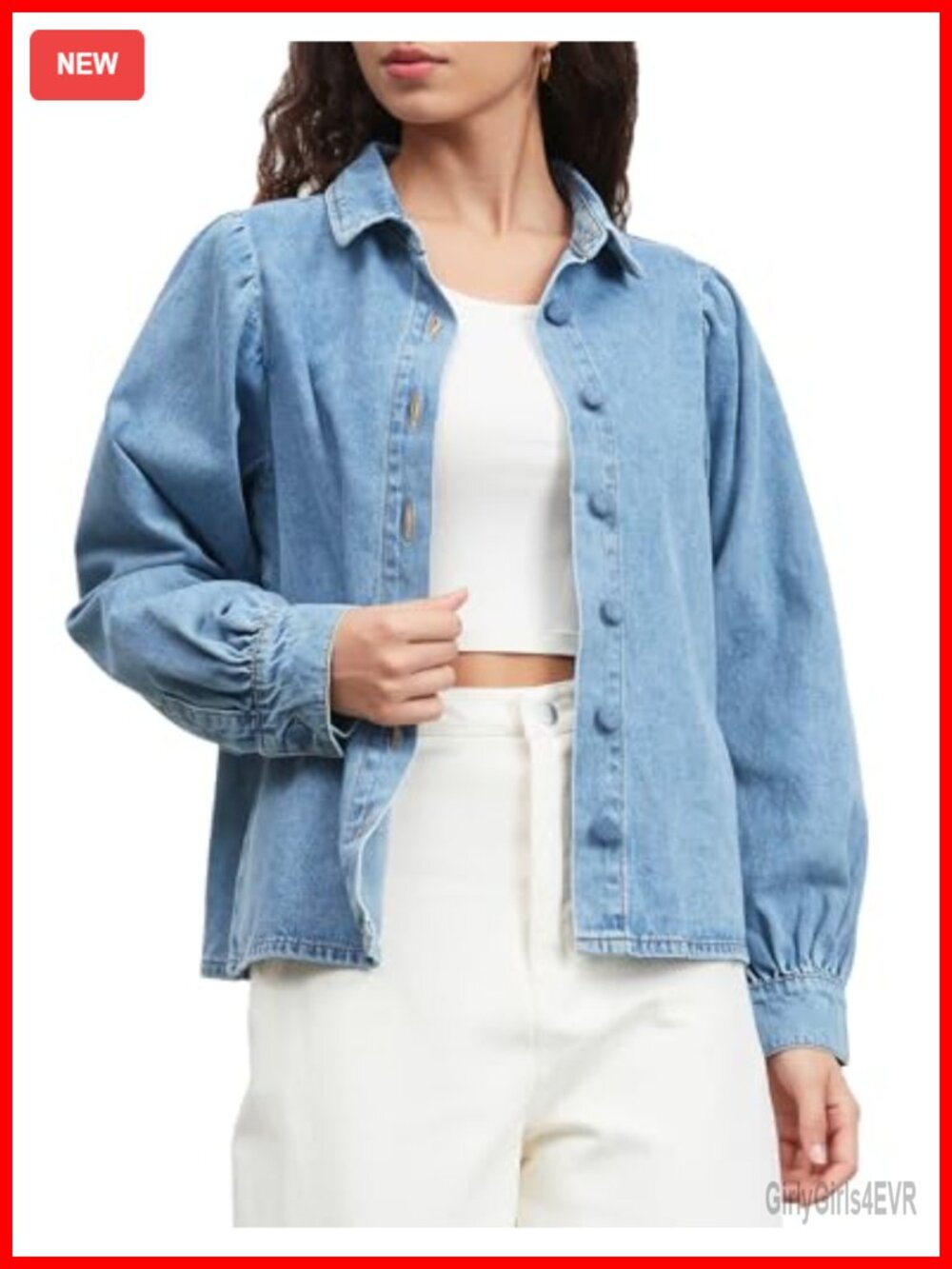 Womens Denim Button Down Shirt Cropped Long Puff Sleeve Chambray Top